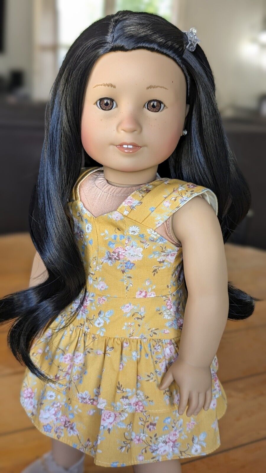 Custom American Girl Doll Light Brown Eyes Black Wavy Wig Hair Asian TM 64 OOAK