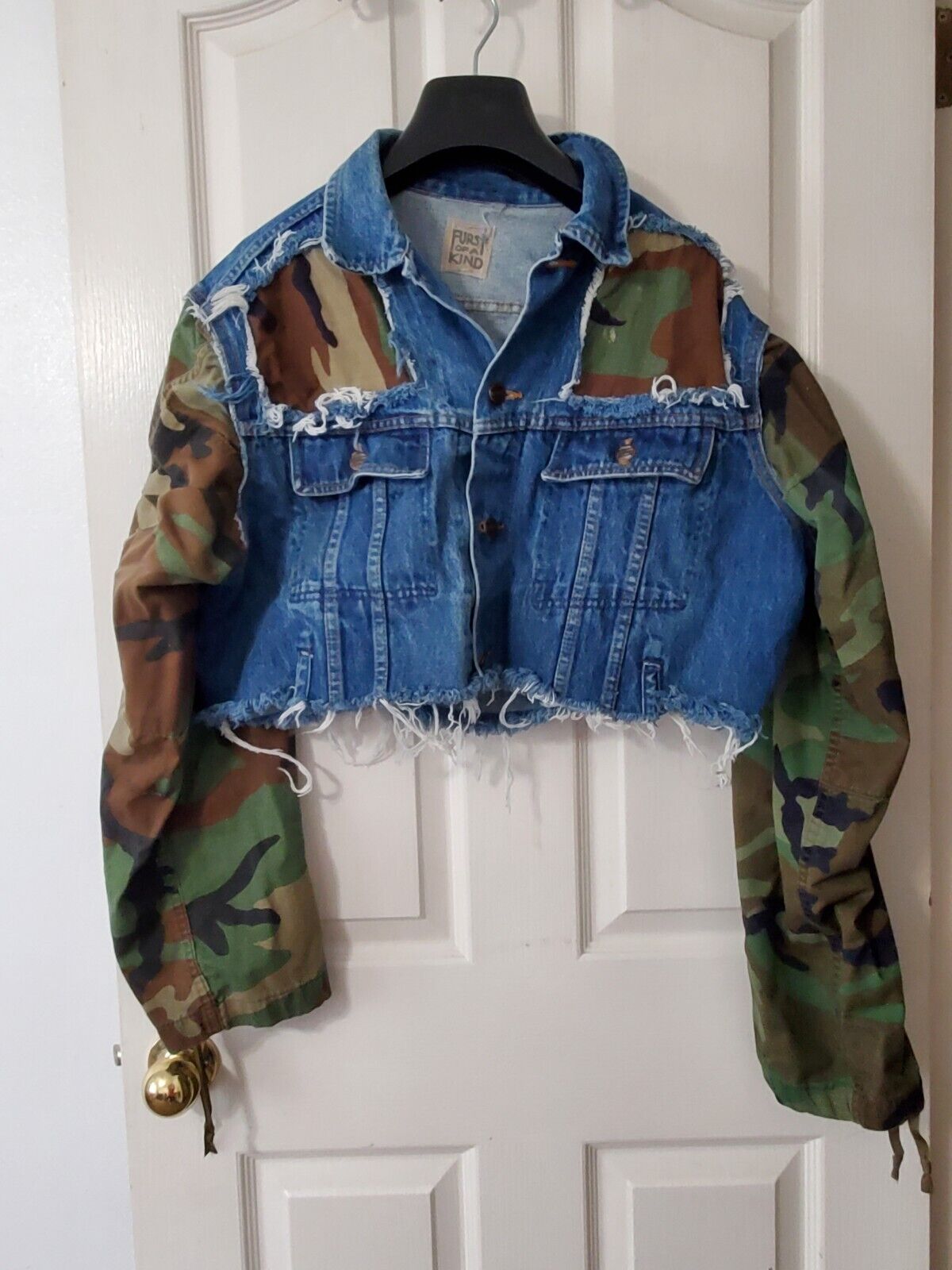 Women\'s Furst Of A Kind Repurposed Cropped Denim Jacket With Camo Sleeveless 