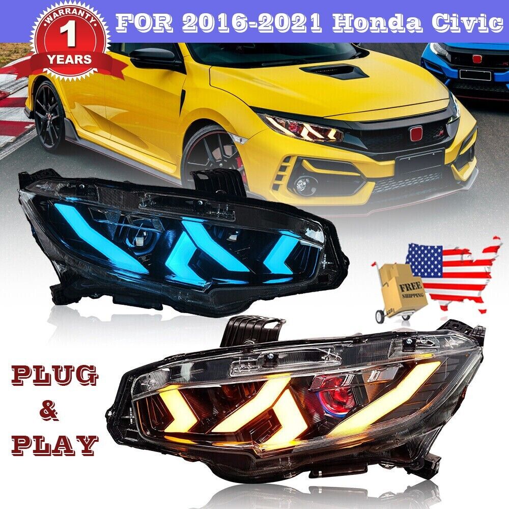 LED Head light Fit For 2016-2021 Honda Civic Black Head lamp Sequential Assembly