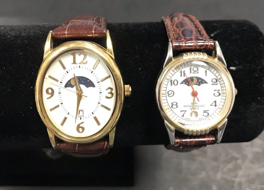 Vintage 1980\'s 1990\'s Sun Moon Phase Watch Lot of 2 With Leather Bands Unbranded