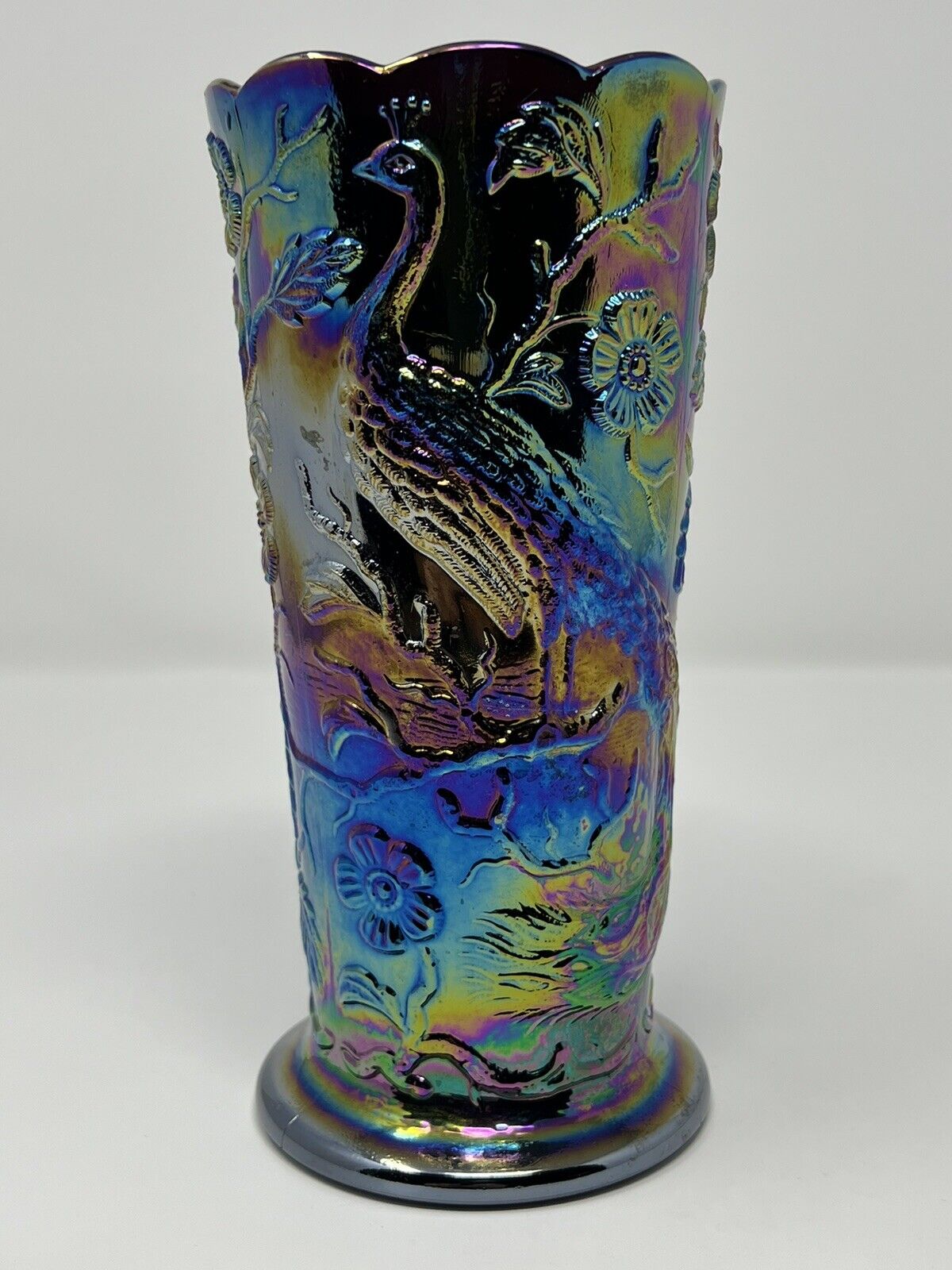 Fenton  Carnival Glass Peacock Vase Dark Black Purple Amethyst Vintage