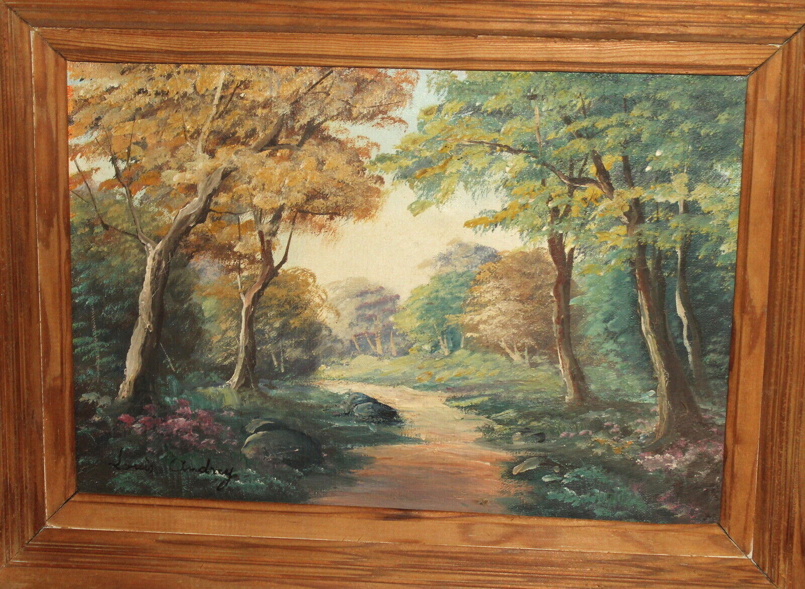 Antique impressionist forest landscape oil painting signed