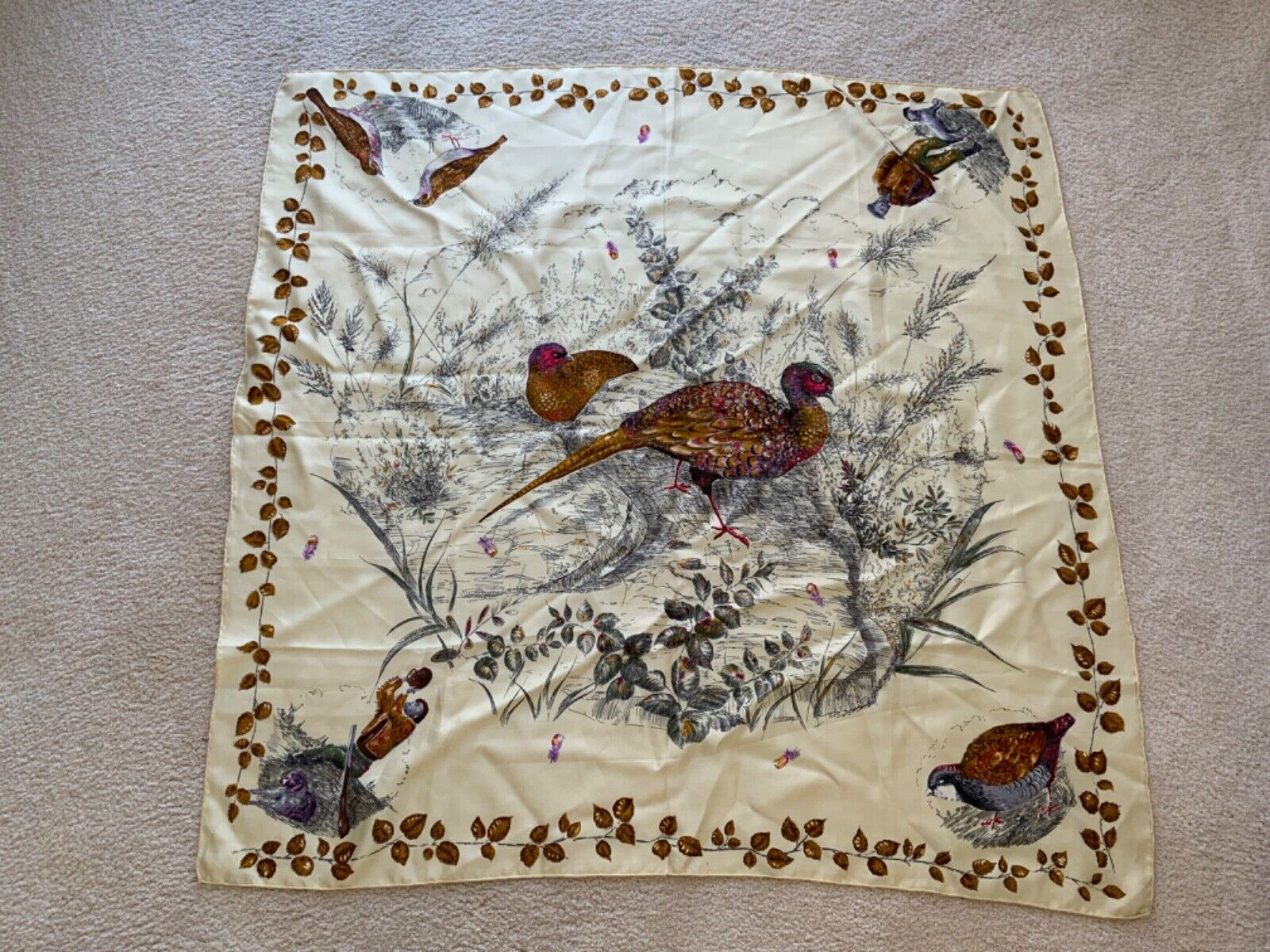 Vintage French Silk Scarf 34 x 34 Wonderful Intricate Design Pheasants Hunters 