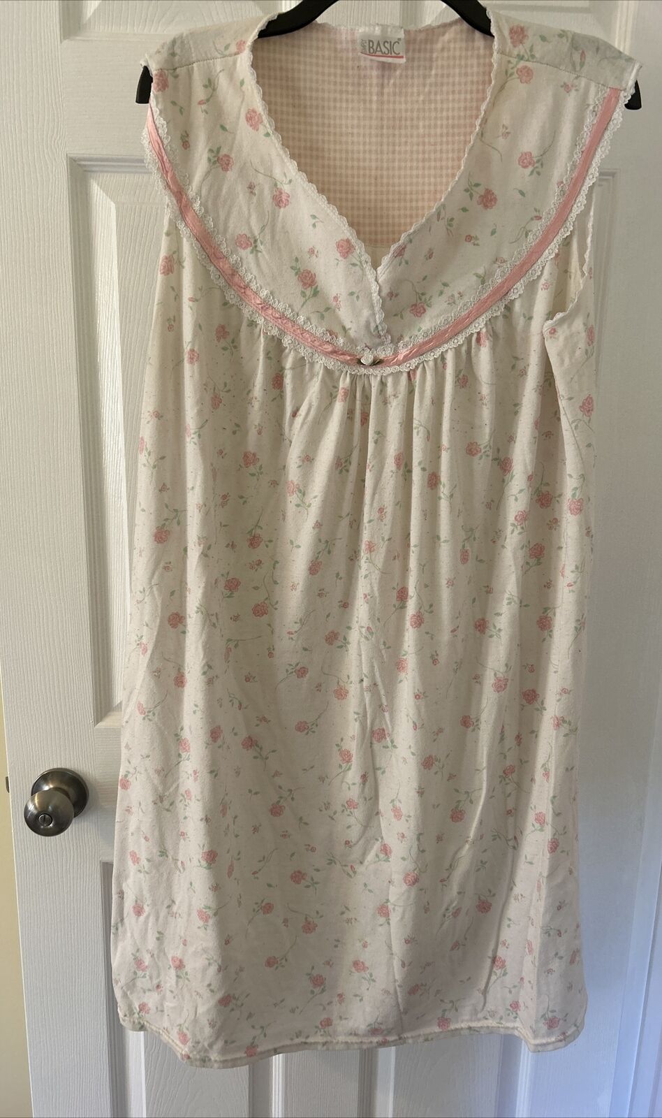 Vintage Simply Basic Womans Nightgown XL Pink Floral Lounge Sleeveless Lace Trim