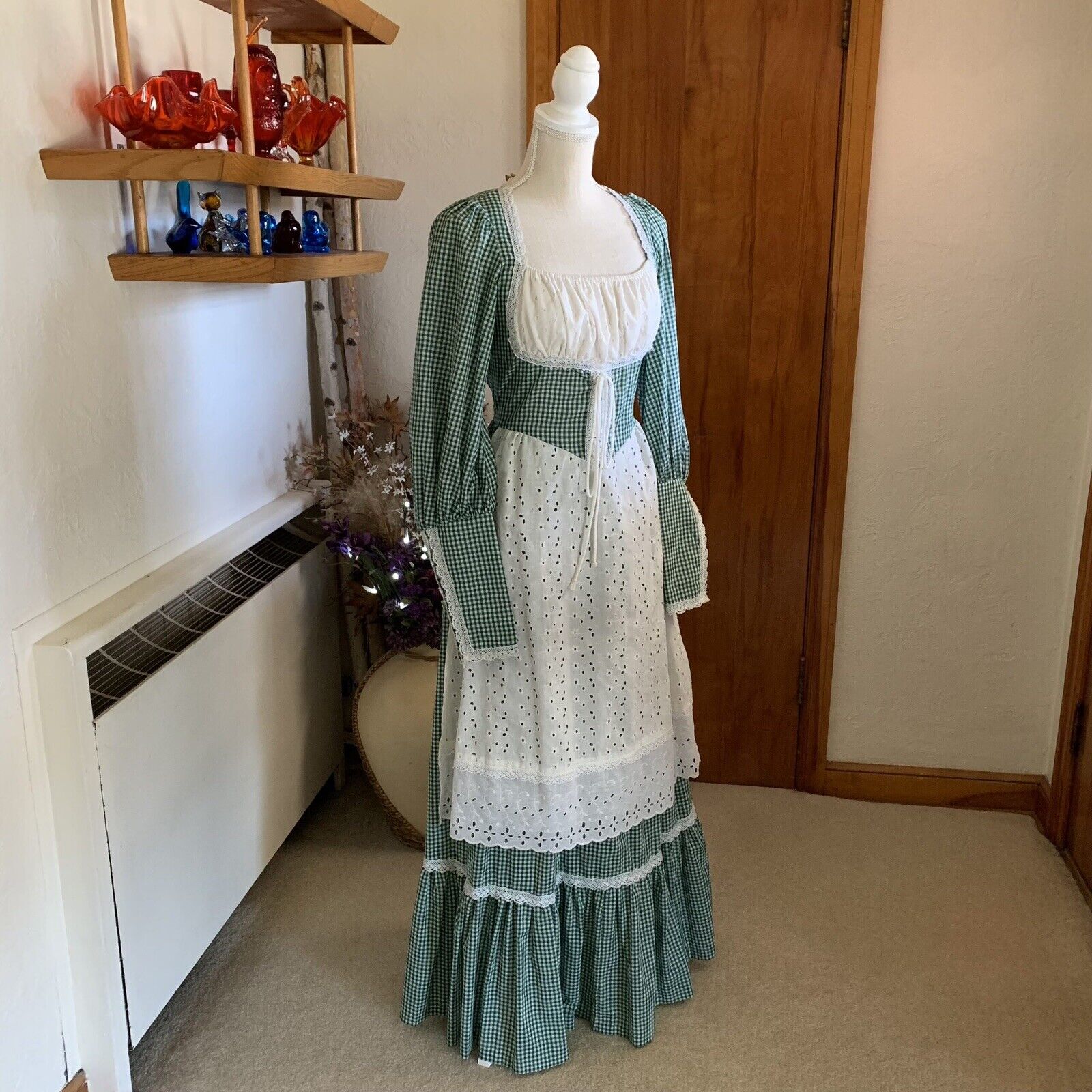 Vintage Gunne Sax Jessica Womens Size 11 Green Gingham Maxi Dress Gown