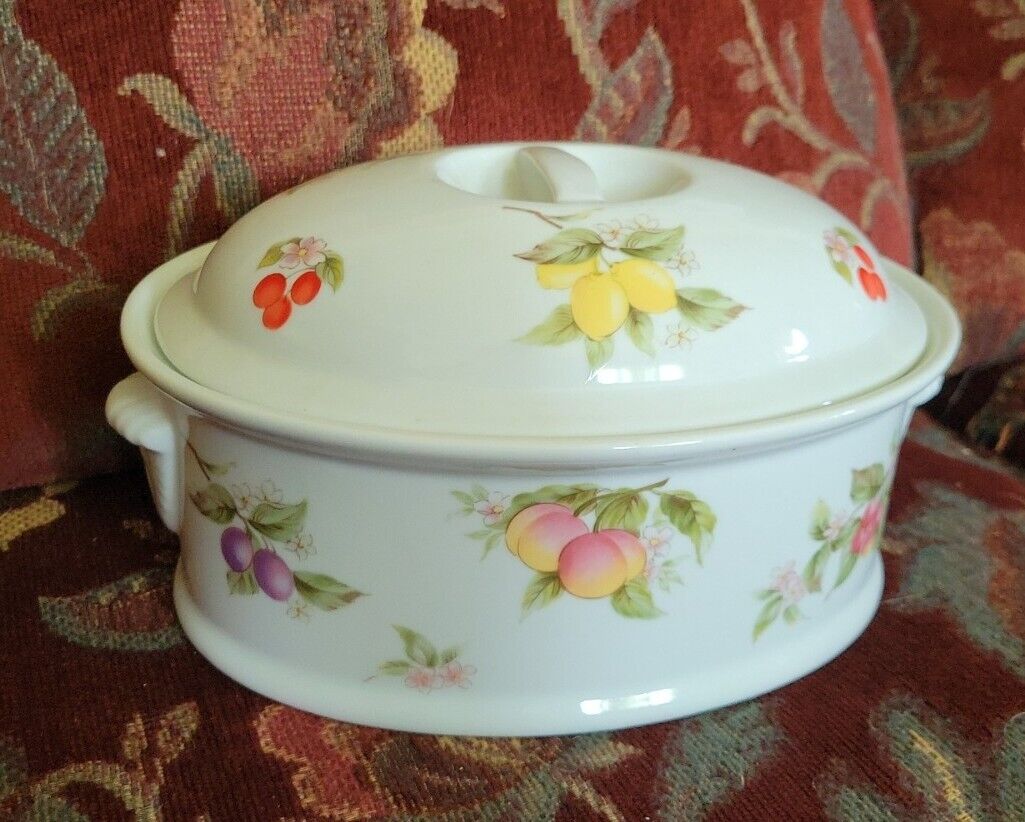 Vtg Andrea by Sadek Covered Casserole Fruit & Blossoms Pattern Oven To Table