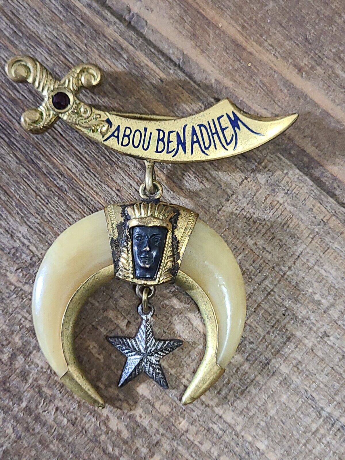 Antique Abou Ben Adhem Shriners Moon Star Brooch