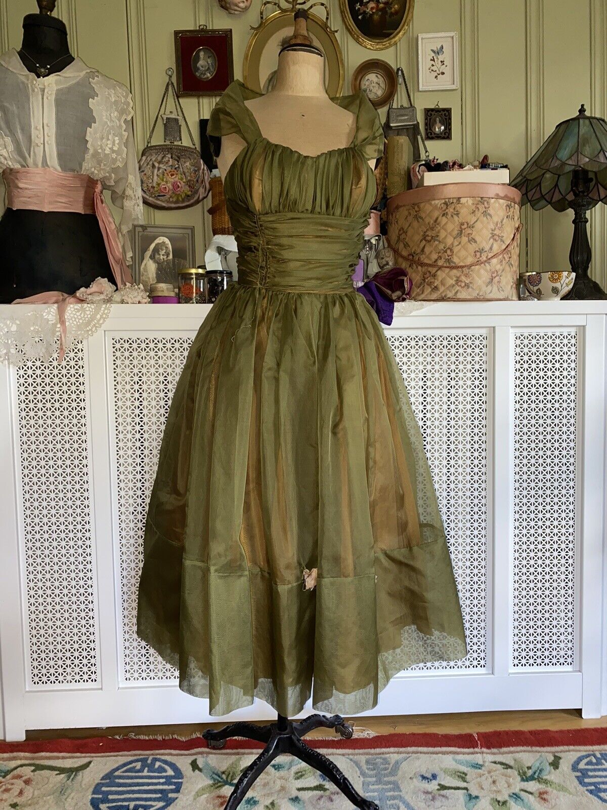 Vintage 1950s Organza Ruched Green Party Dress