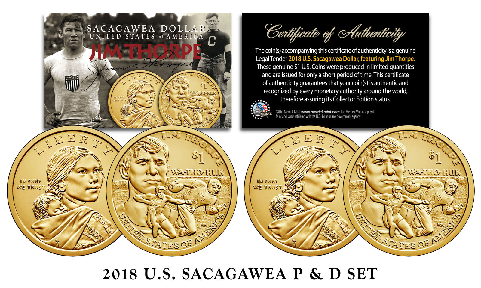 2018 US MINT Native American JIM THORPE $1 Dollar Sacagawea 2-Coin Set Both P&D