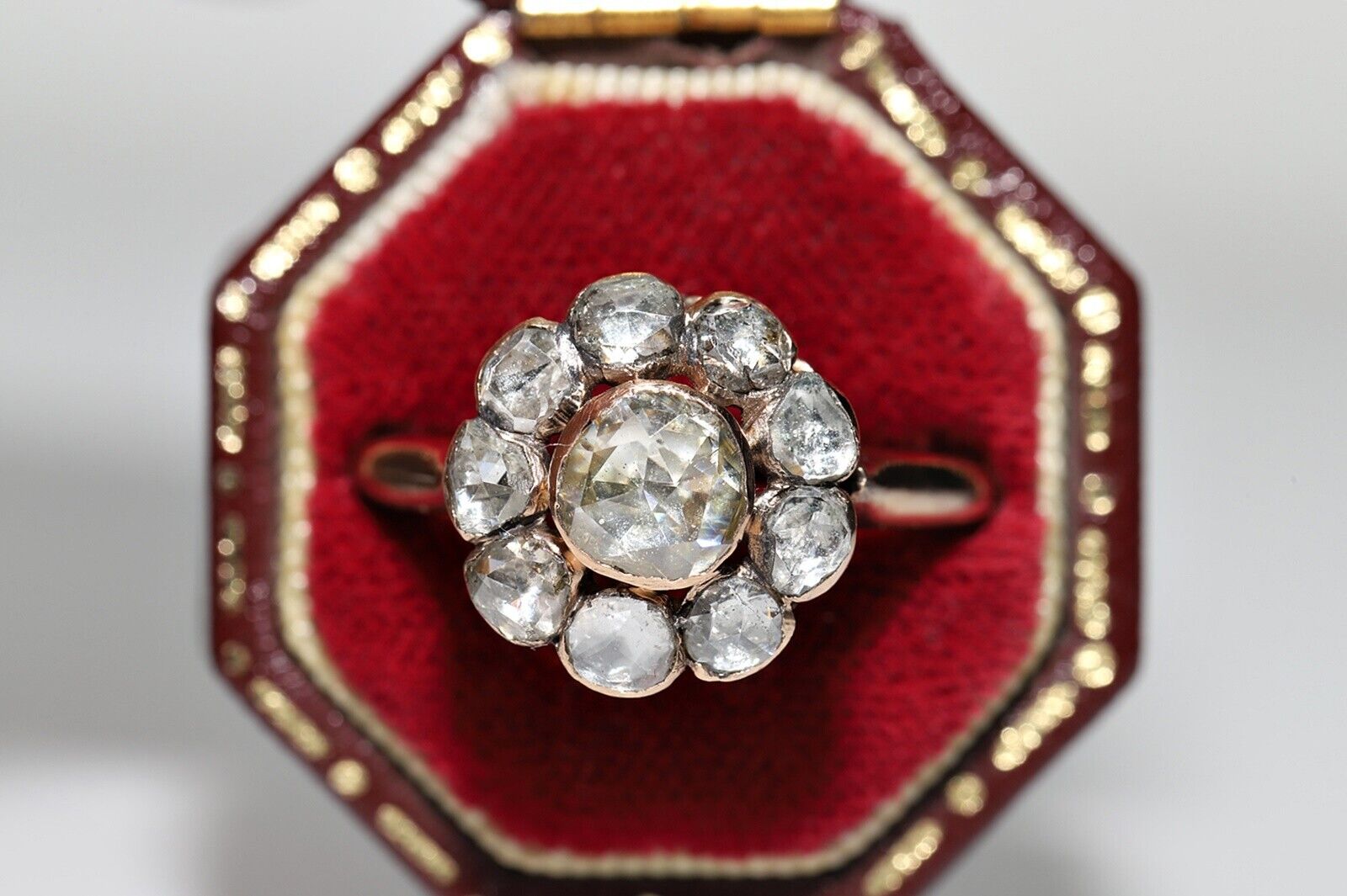 Antique Circa 1900s Ottoman 8k Gold Natural Rose Cut Diamond Decorated Ring