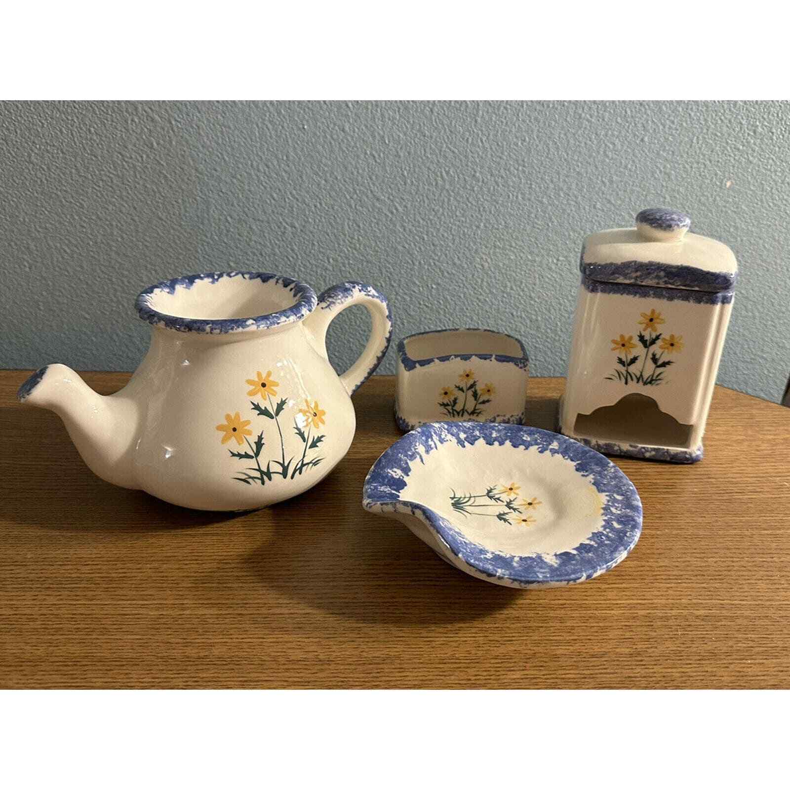 Vintage Dandelion Pattern Blue Trim Kitchen Set- 4 Items- All EUC