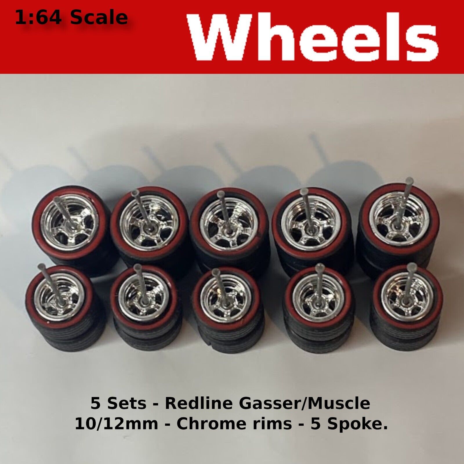 5 Sets-Chrome Redline 5 Spoke with Tires and axles.10mm/12mm for Hot Wheels