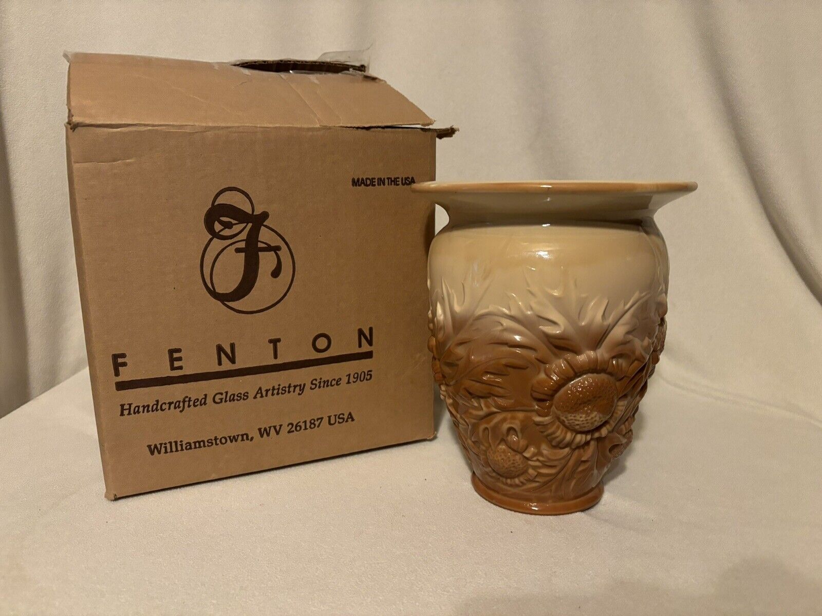 Fenton Art Glass Raised Alpine Thistle On Chocolate Glass Vase