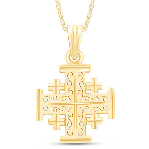 Jerusalem Cross Charm Pendant Necklace 14K Yellow Gold Plated Sterling Silver