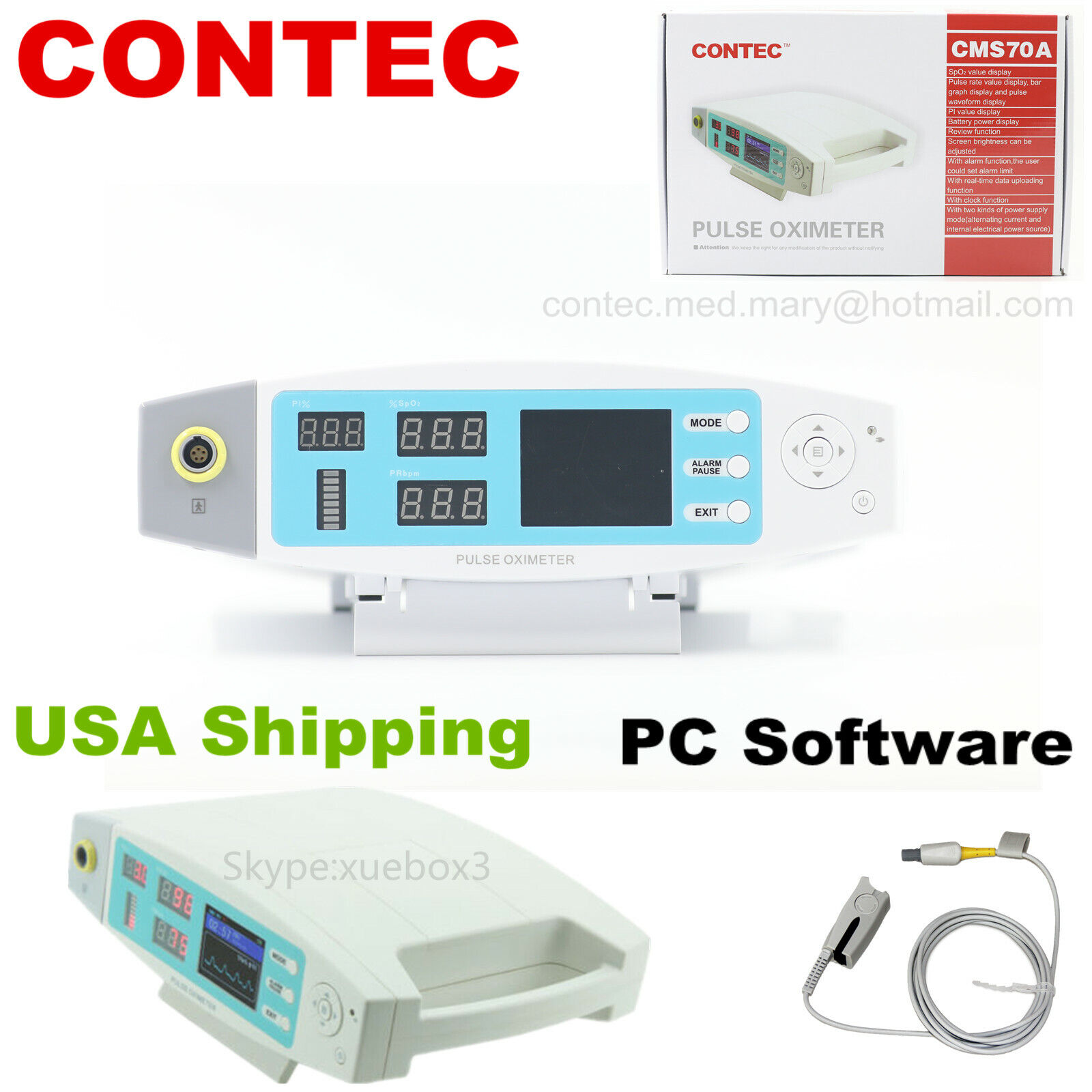 NEW spo2 PI PR Rechargeable / Mains Operated Desktop Pulse Oximeter Software USA