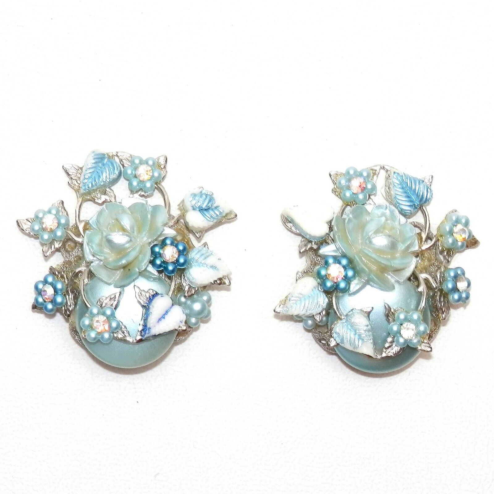 Vintage Beau Jewels snd Blue Floral Flower & Rhinestone Clip Earrings Unique