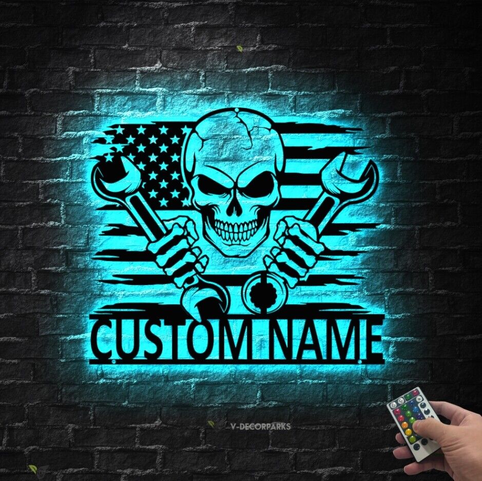 Custom US Skull Mechanic Metal Wall Art LED Light,Mechanic Garage Name Sign