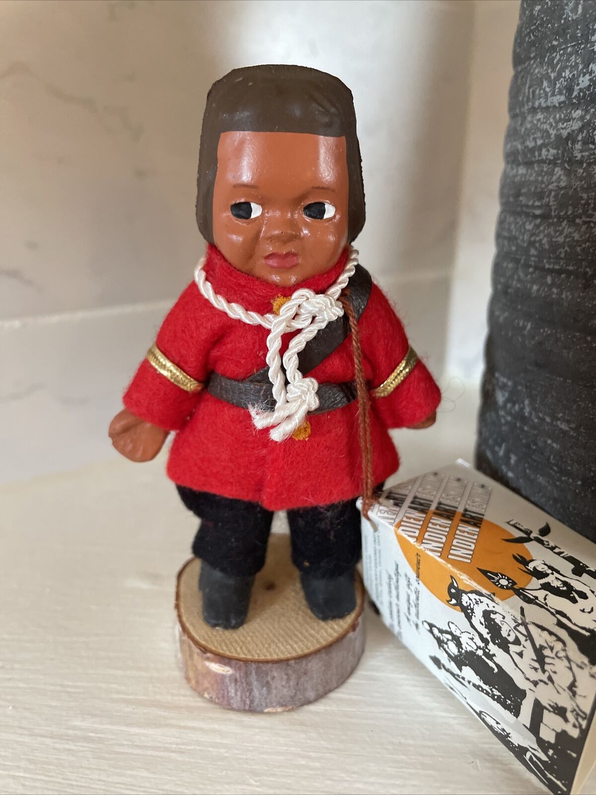 Vintage Indien Art Eskimo Doll/Figure On Wood Stand 4” Tall With Tag (L)