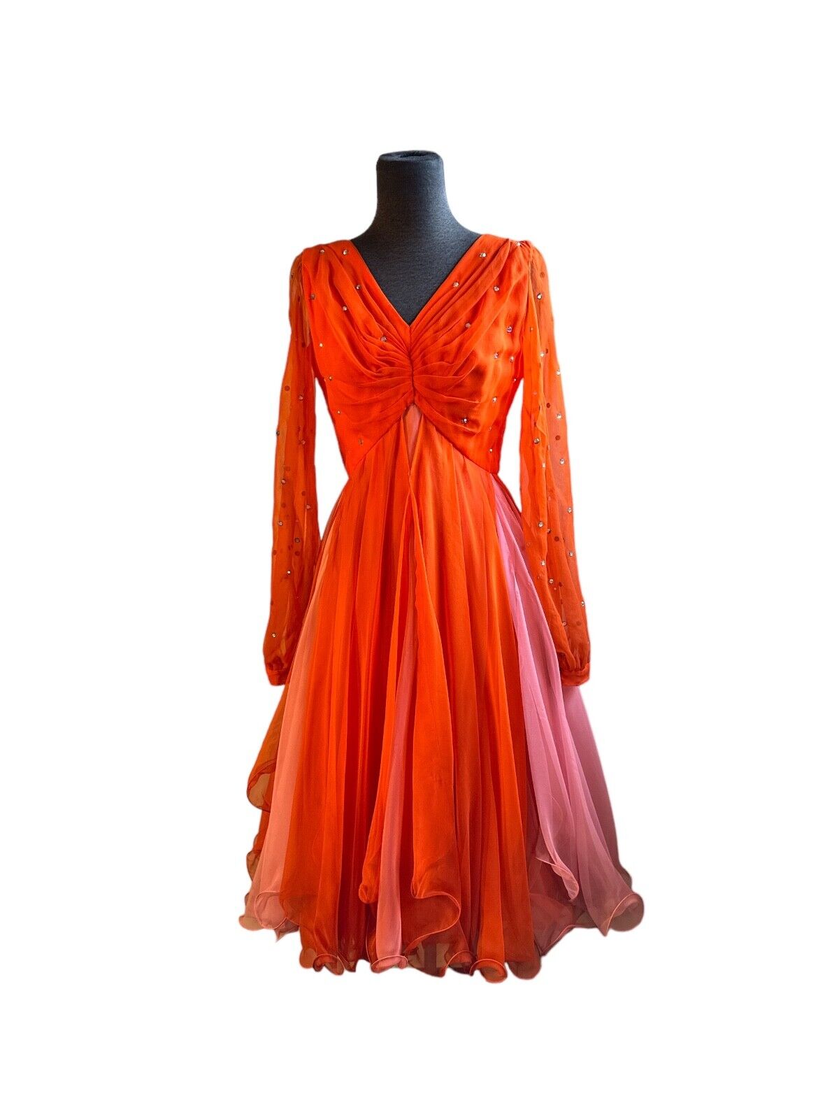 Vintage 1960\'s Multi Layered Red Chiffon Ruffles Rhinestones Waltz Dance DRESS S