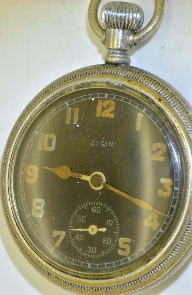 Rare Antique Pocket Watch WWII US Officer\'s Military Elgin Black Dial