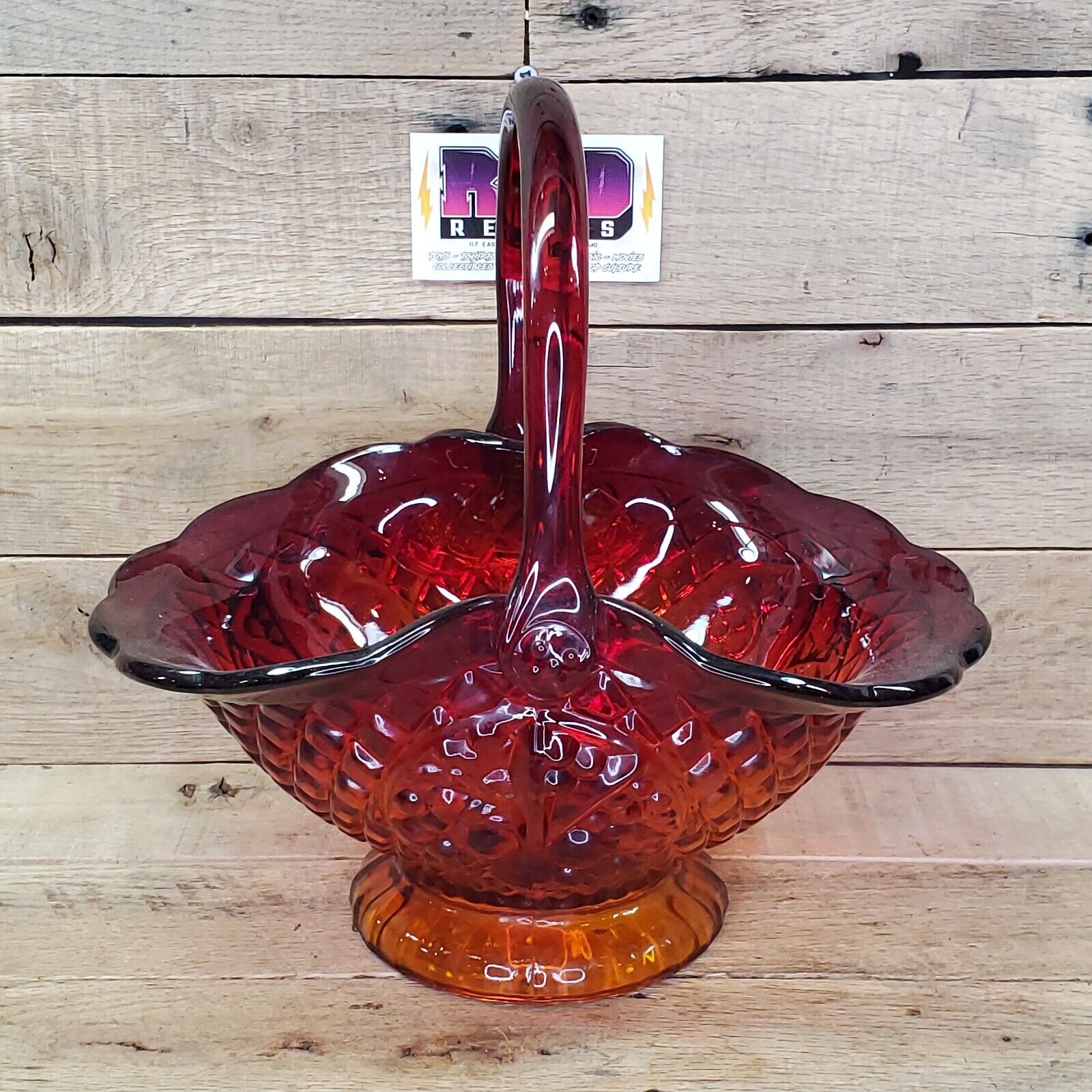 Vintage Large Indiana Amberina Red/ Orange Glass Basket