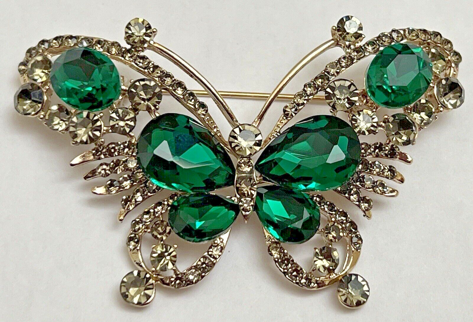 Green Crystal Rhinestone Butterfly Brooch Pin Vintage Glass Insect Big Bug Large