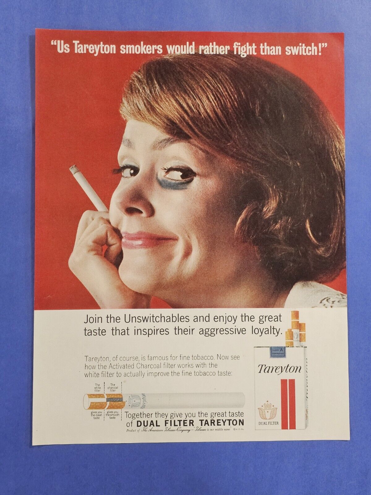 1963 TAREYTON Cigarettes Rather Fight Than Switch black eye Vintage Print Ad