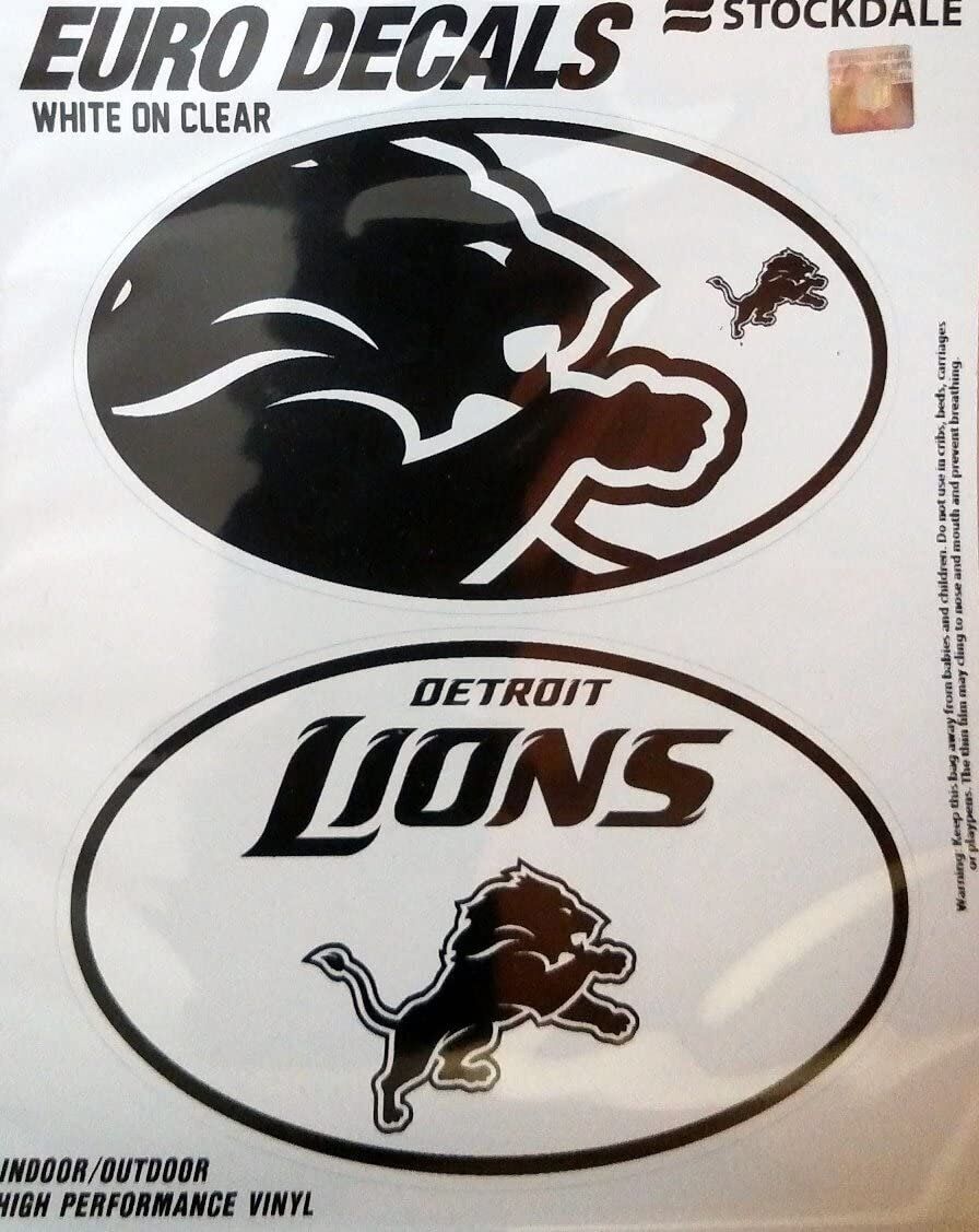 Detroit Lions 2-Piece White and Clear Euro Decal Sticker Set, 4x2.5 Inch Each