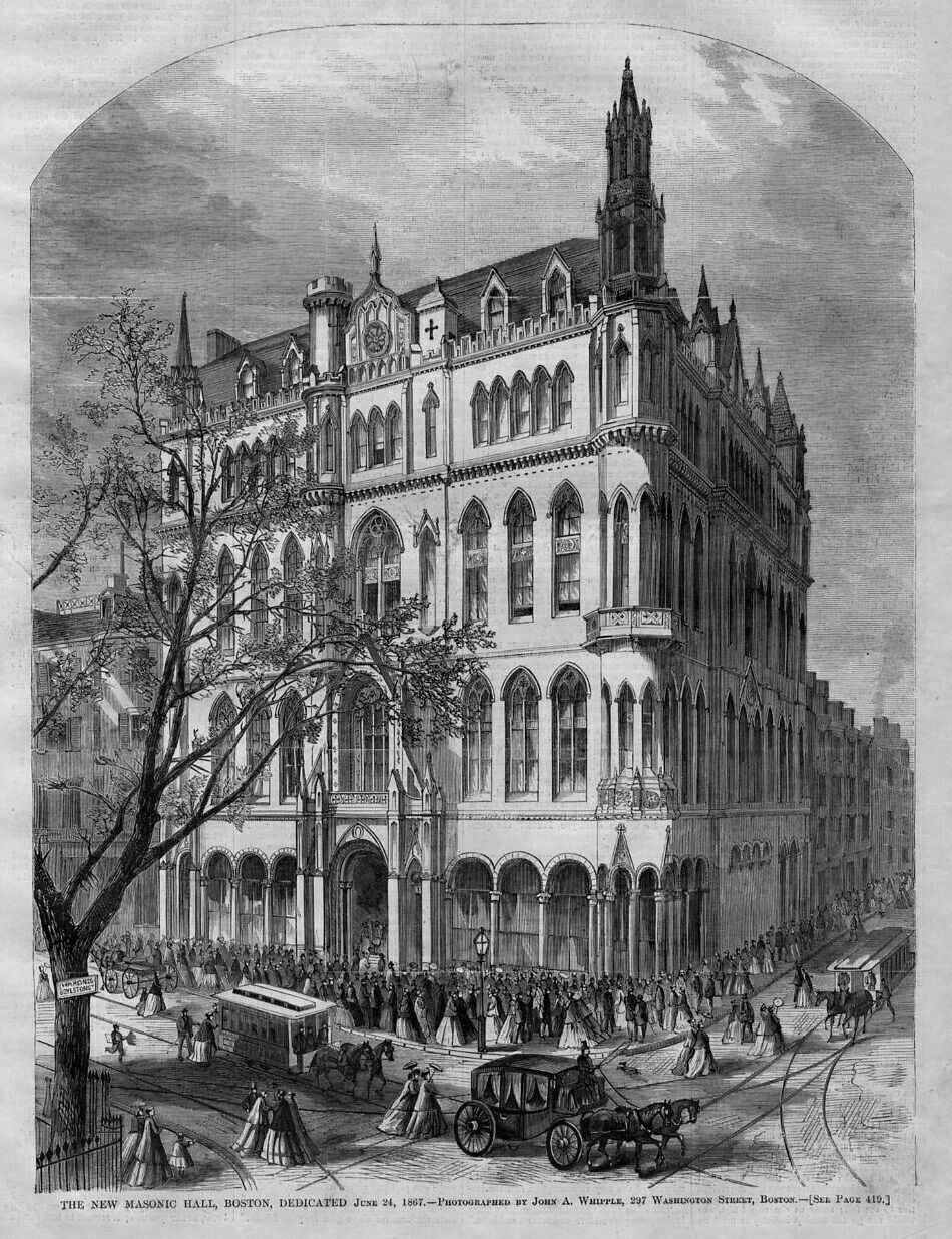 NEW MASONIC HALL, BOSTON, DEDICATED JUNE 24, 1867, ARCHITECTURE, MASONIC TEMPLE