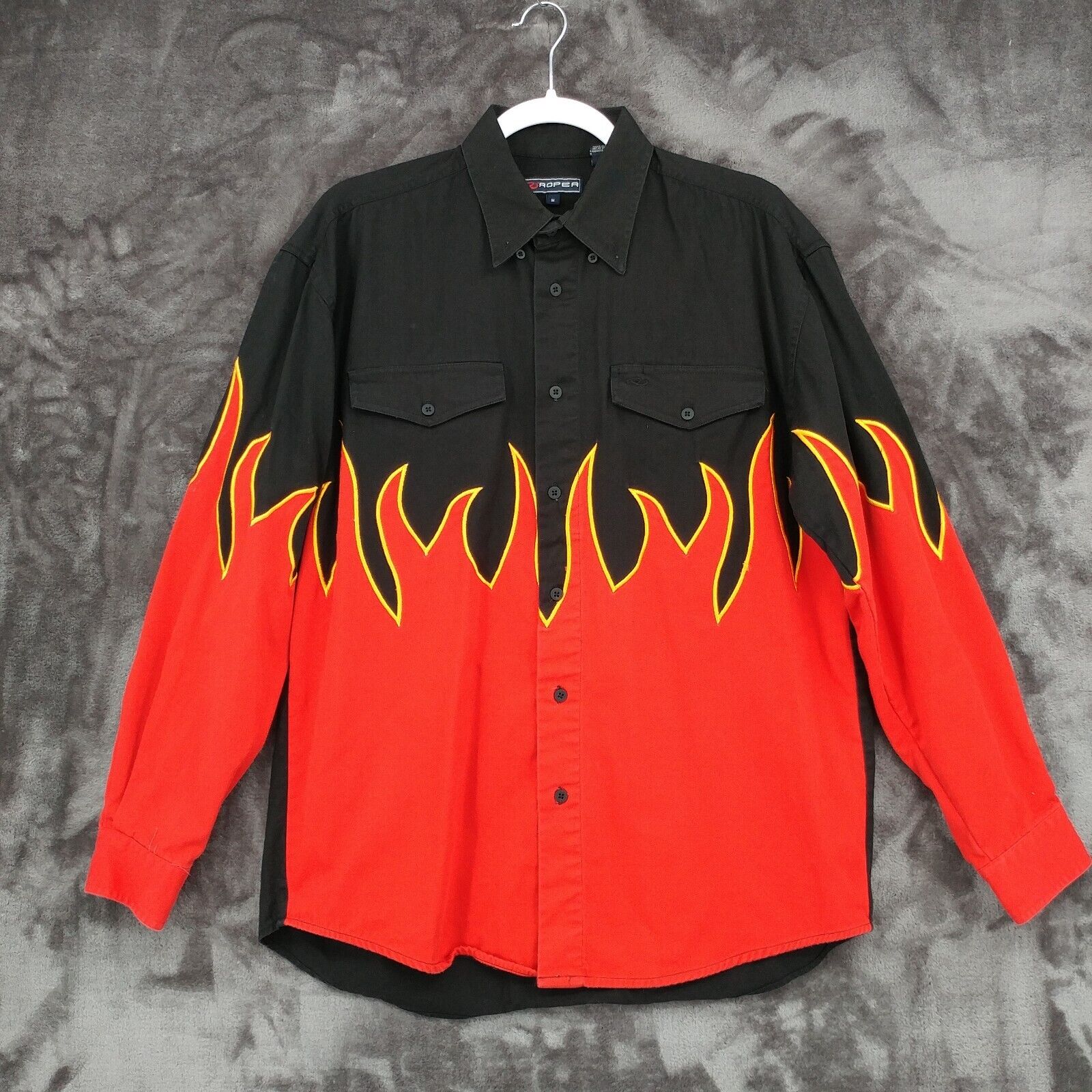 Roper Mens Medium Black Red Flame Embroidered Accent Button Up Cotton Shirt