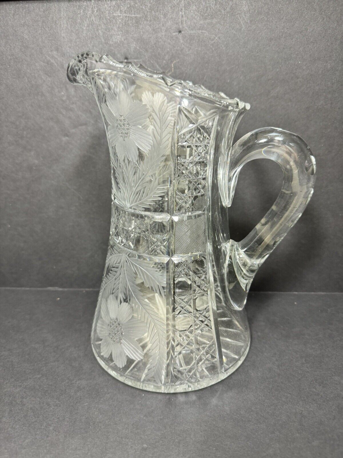 American Brilliant Vintage ABP Cut Glass Floral 9” Pitcher B88