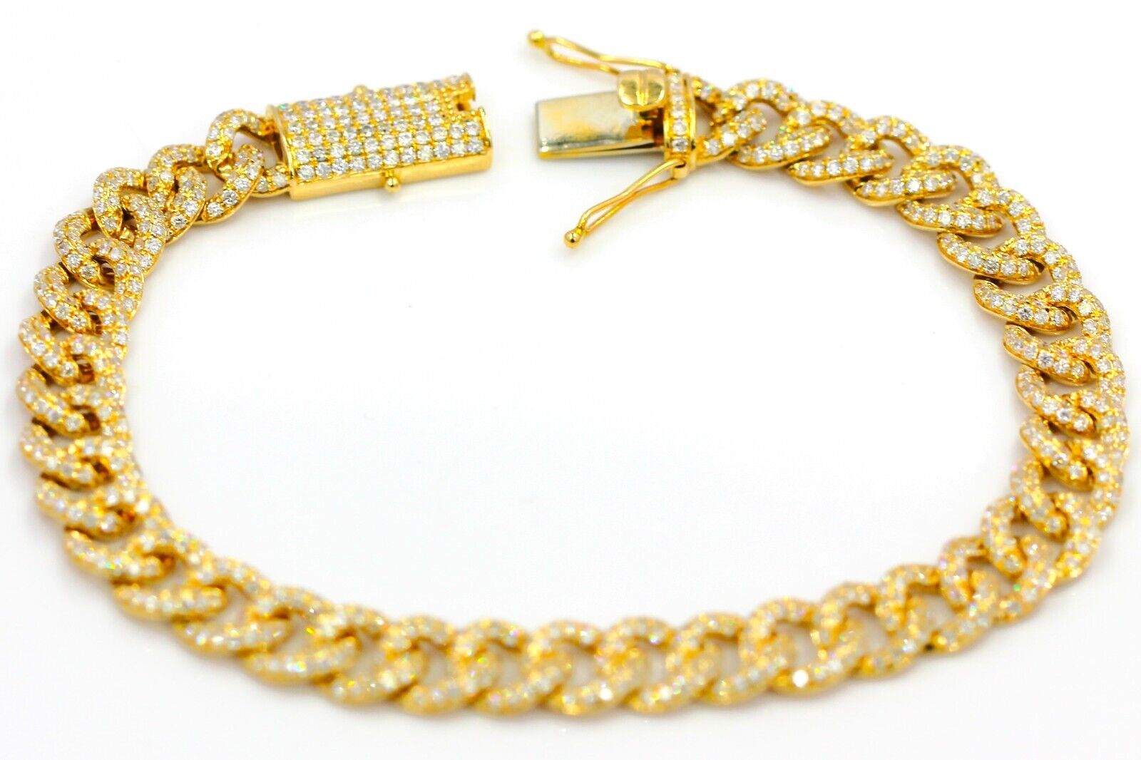 Real Solid 14K Yellow Gold Cuban Chain Bracelet Natural Diamond  5.45 CTW 8