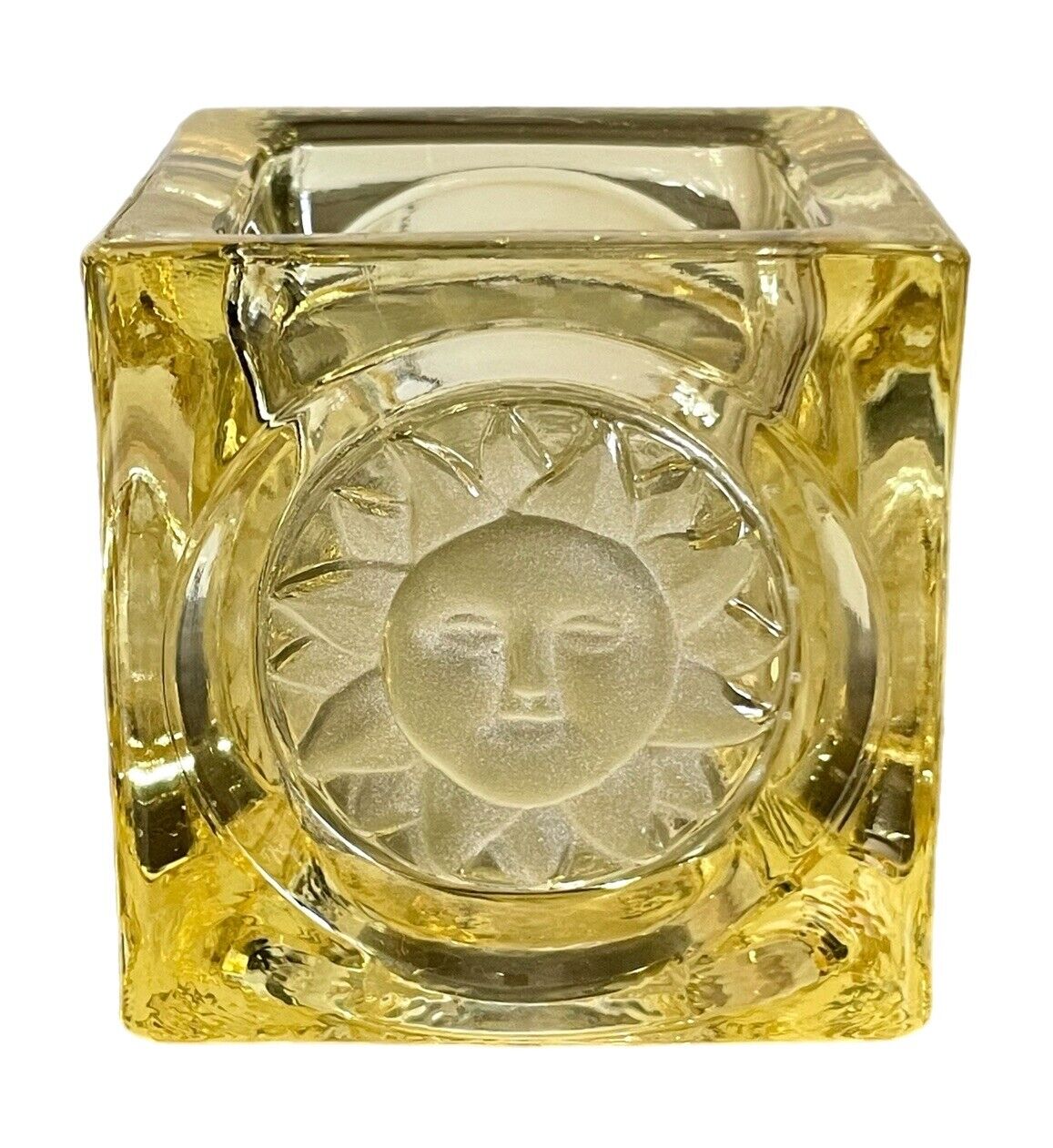 Viking Glass Cube Yellow Sun Block Candle Glimmer Votive Holder 8125 W/ Sticker