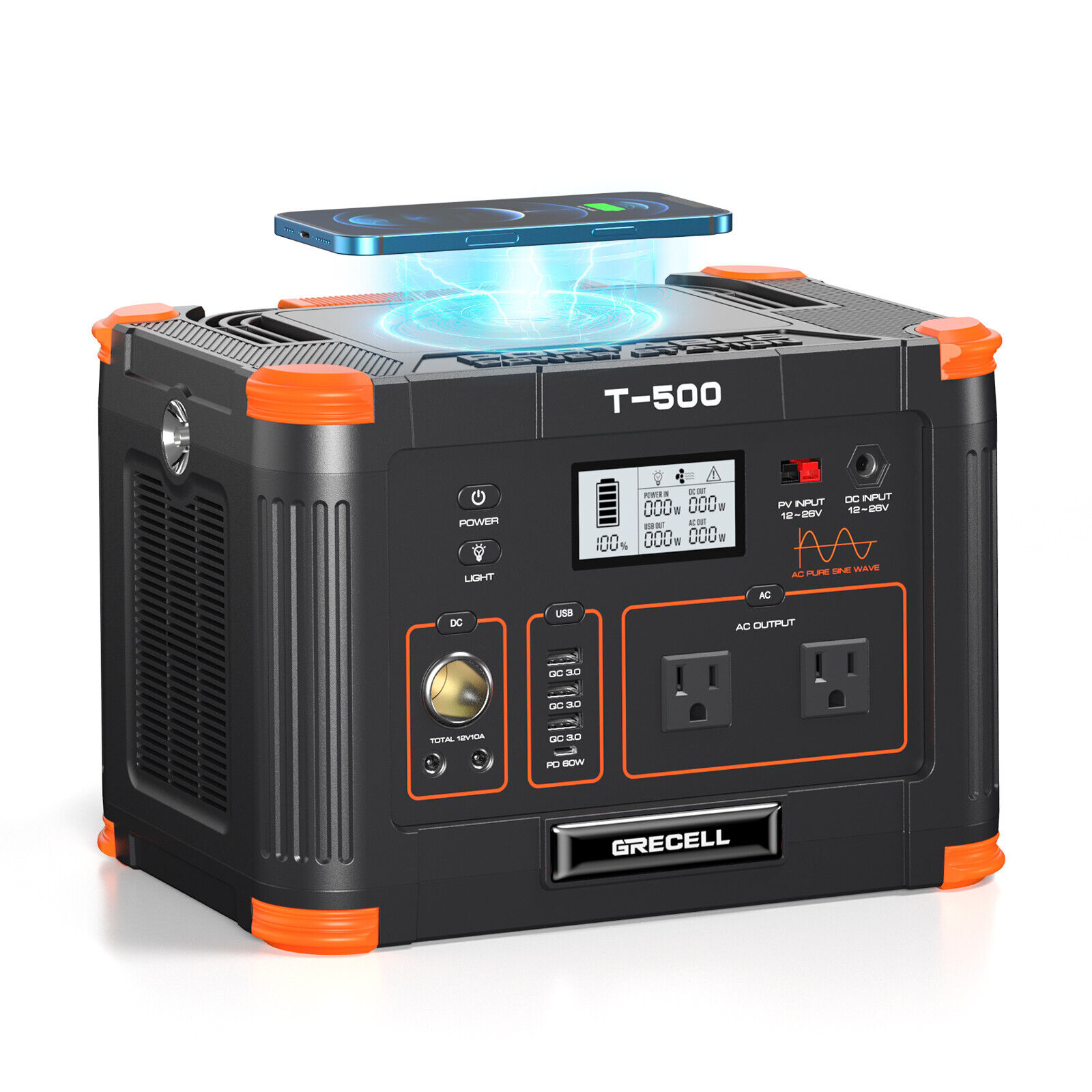 GRECELL 500W Portable Power Station Generator 519Wh Outdoor Solar Backup Battery