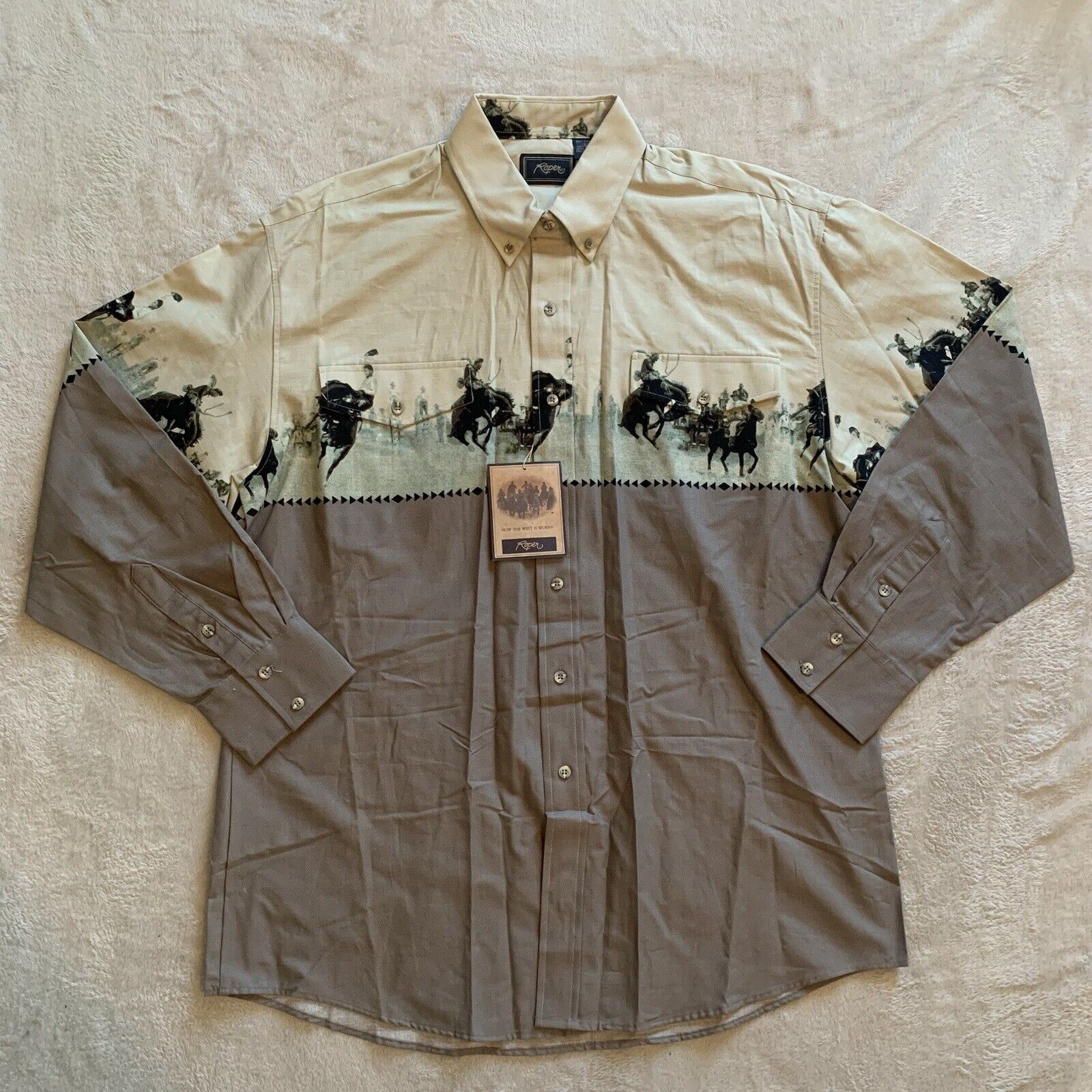 Roper Mens XL Vintage Western Cowboy Graphic Long Sleeve Button Down Shirt NWT