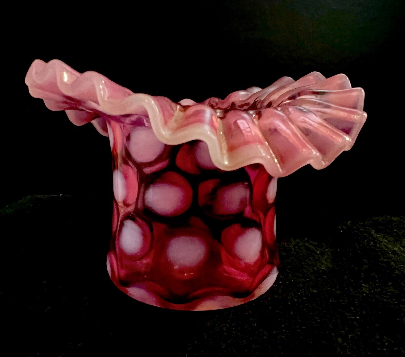 Vintage Fenton Cranberry Coin Dot Top Hat Vase Ruffled Pink And White Unmarked