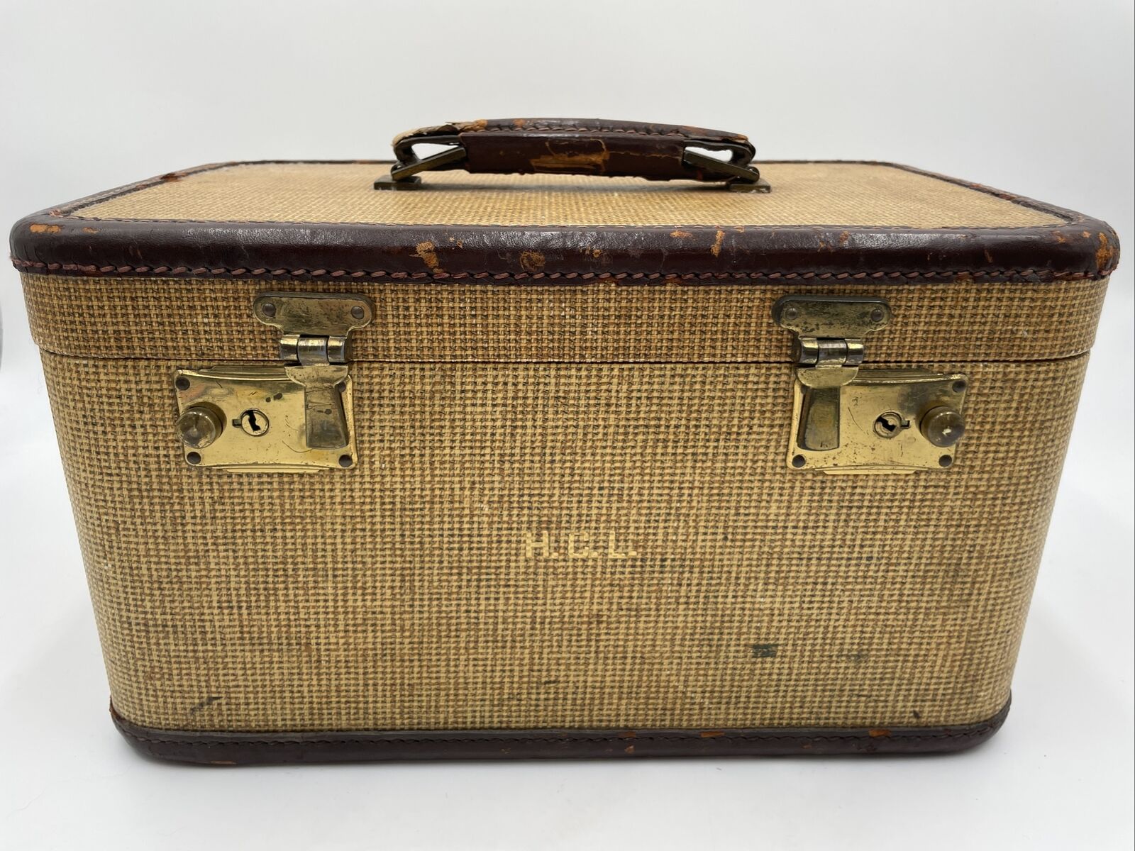 Vintage Tweed Train Case Suitcase Luggage Cosmetic Bag with Mirror and Key Locks