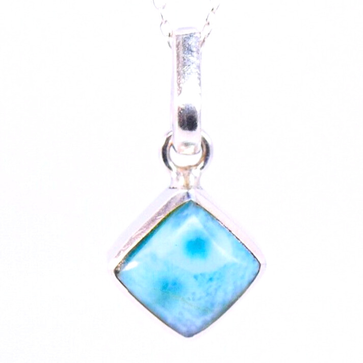 Handmade Sterling Silver Hand Cut Diamond Shaped Natural Larimar Necklace 19\