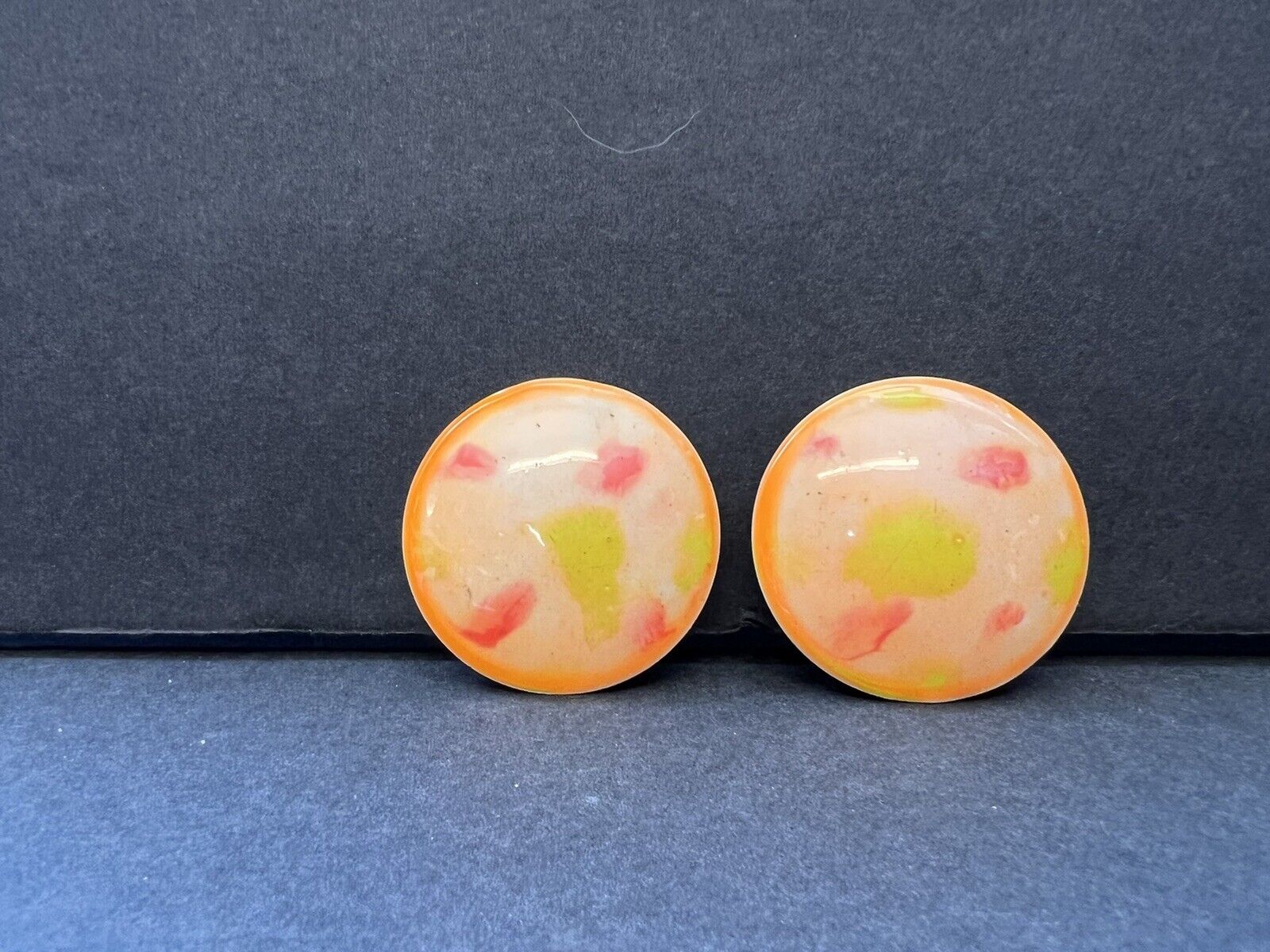 Pair Of Vintage  earrings 1980s  Enamel Button Orange Neon Red Colorful  Clip On