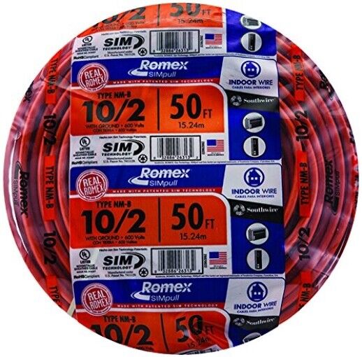 Southwire 28829022 50' 10/2 with ground Romex brand SIMpull residential indoor e