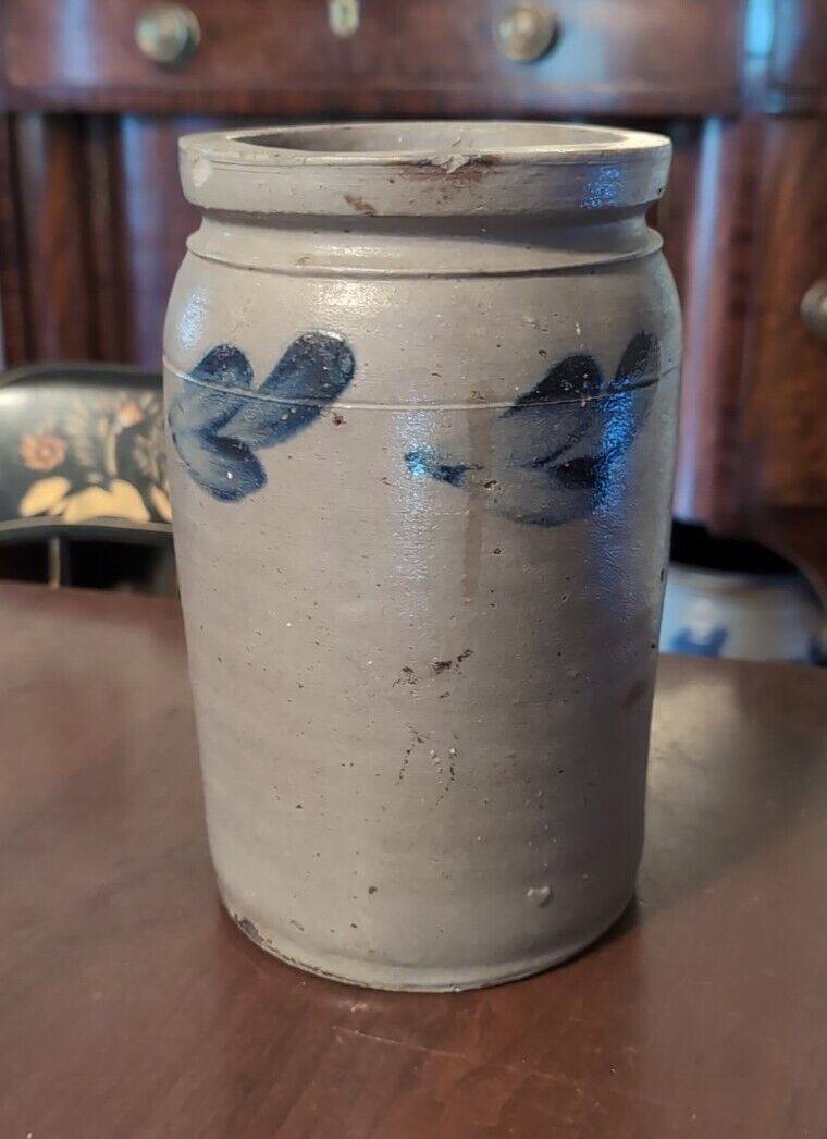 Antique American Stoneware Crock Blue Decorated Salt Glaze 19th Century as is