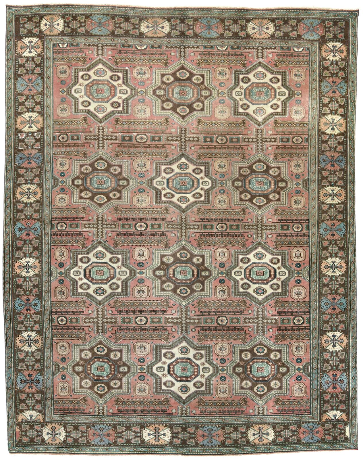 Rare Geometric Design Antique Muted 10X13 Oriental Rug Distressed Vintage Carpet