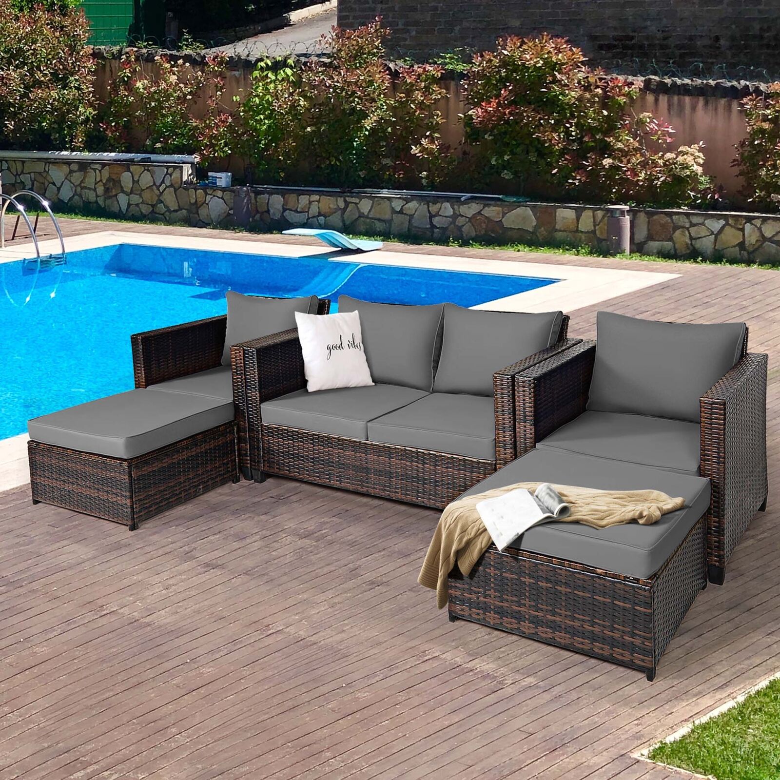 5PCS Outdoor Patio Rattan Conversation Sofa Furniture Set w/ Grey Cushions