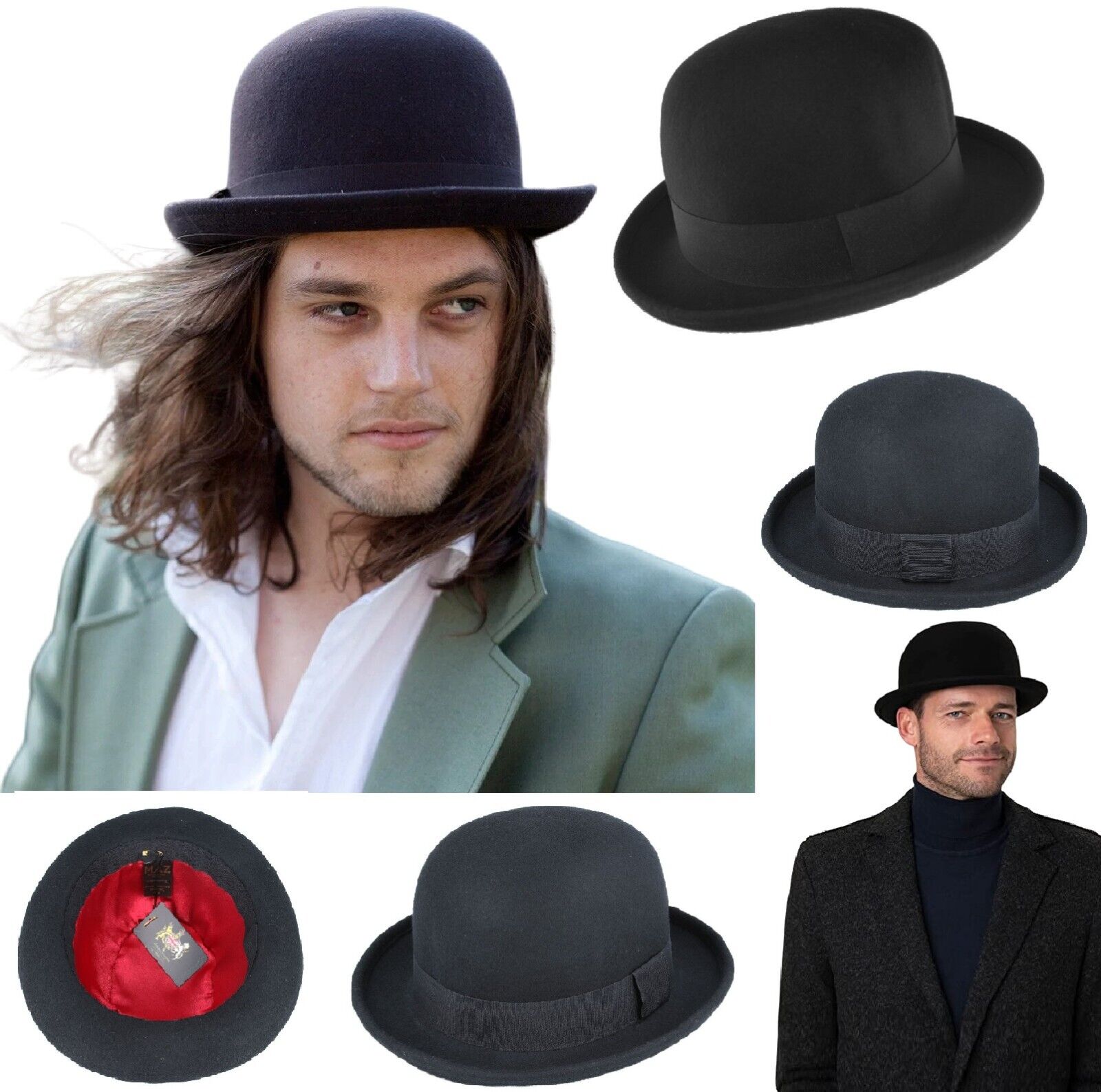 Bowler Hat Men’s Crushable Wool Soft Unisex Black Satin Lined Round Derby Hats