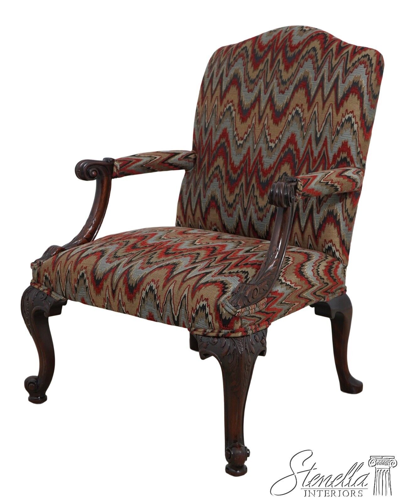 62586EC: Georgian Style Carved Mahogany Newly Upholstered Armchair