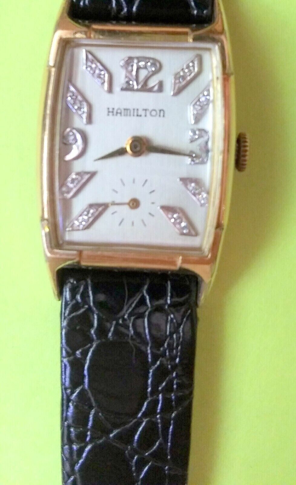 Rare Vintage 14K Hamilton 19 Jewel Watch With Exploding Diamond Dial Chips-VG