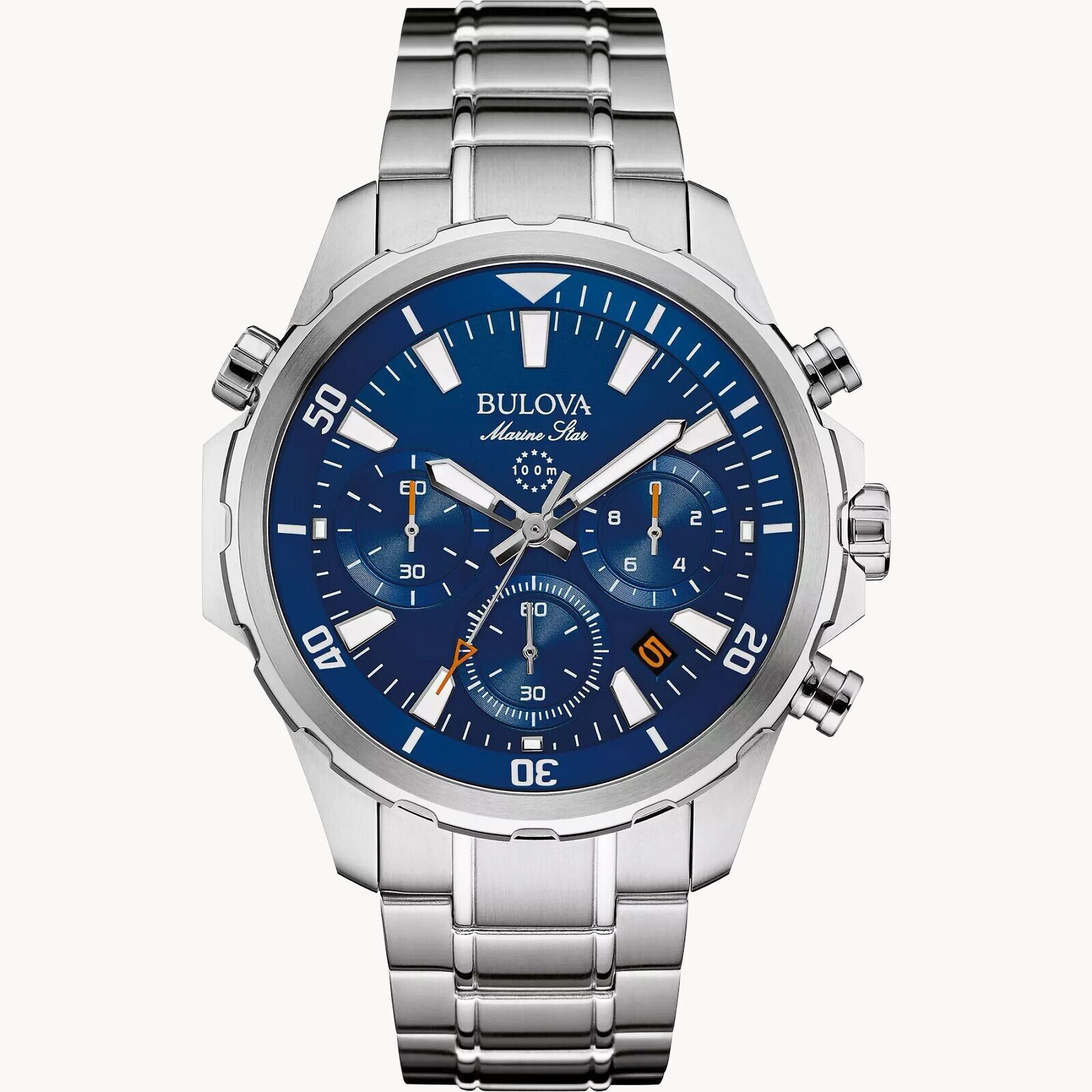 Bulova Marine Star 96B256 Quartz Men's Wrist Watch Blue dial silver steel band