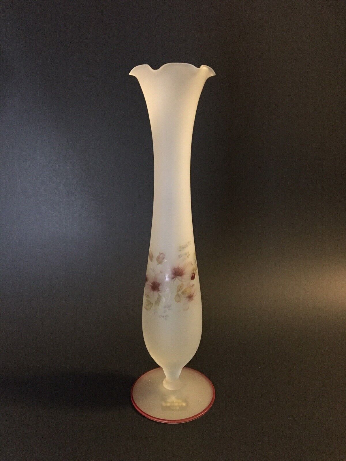 VIKING Satin Frosted Glass BUD VASE Hand Painted Floral Design Fluted Top 10\