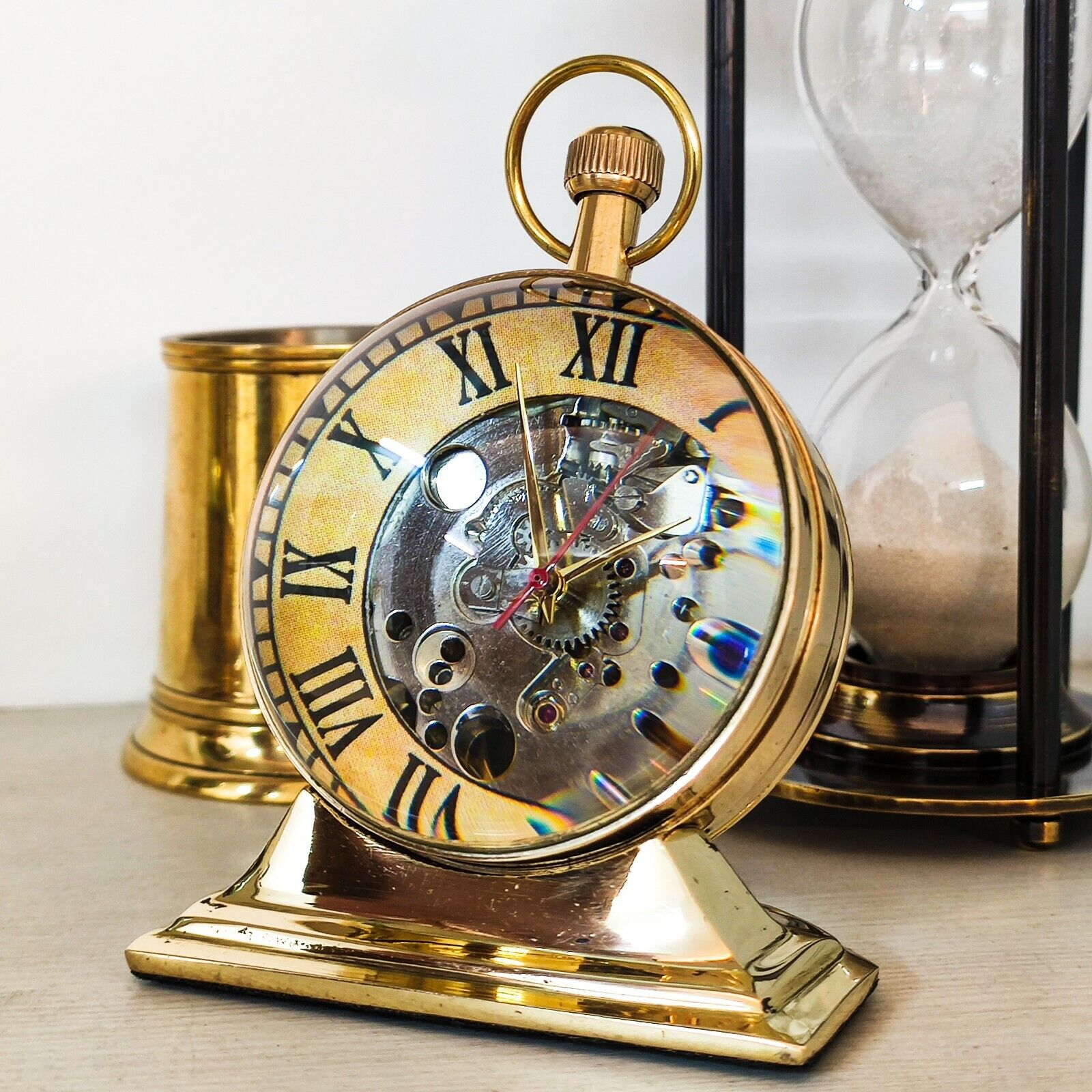 Brass Golden Desk Clock Mechanical Vintage Table top Gift