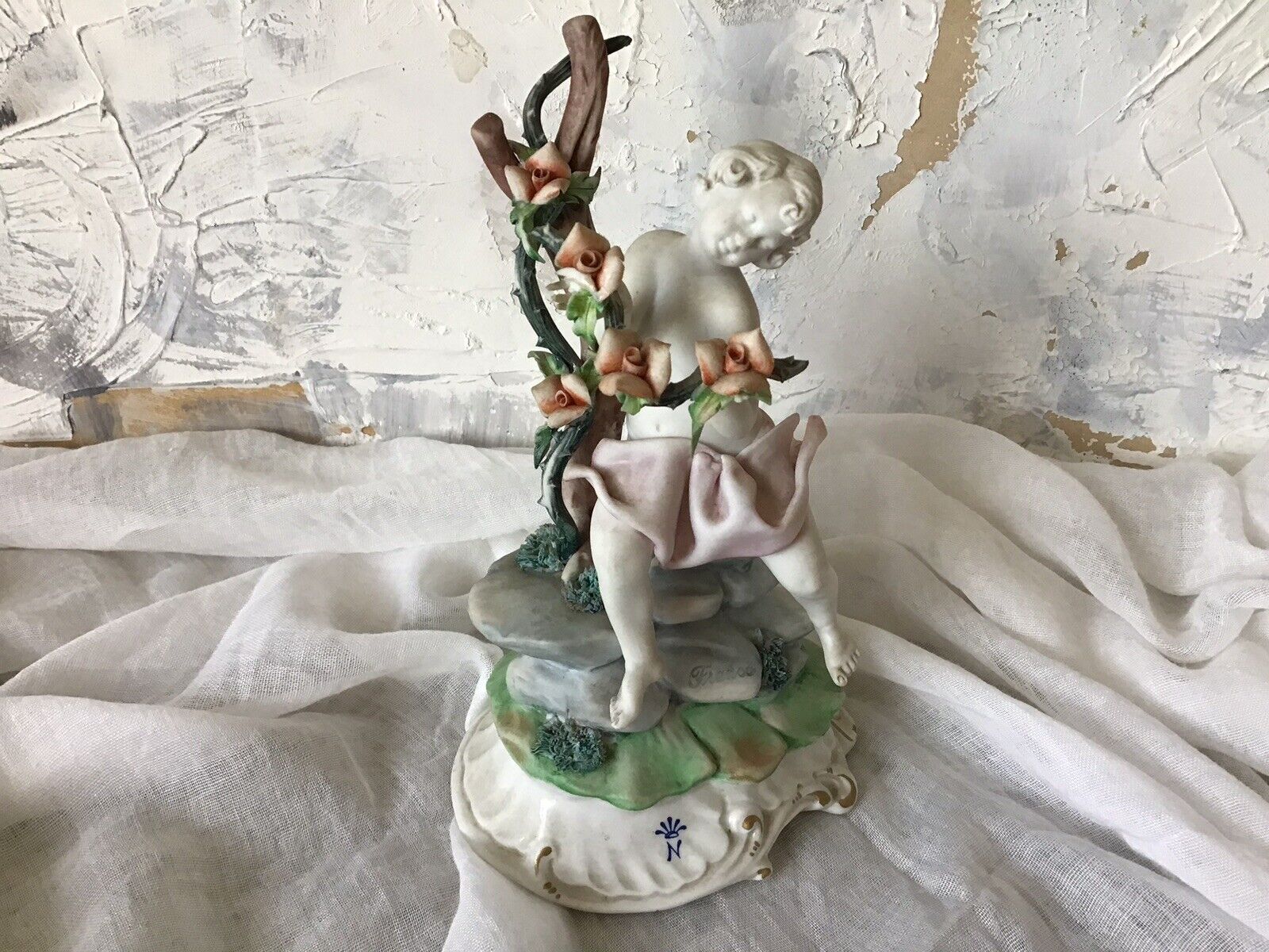 Vintage  Capodimonte Cherub With Rose Garland Signed Franco Made in Italy